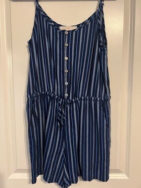LOFT Navy and Light Blue Striped Sleeveless Button Romper